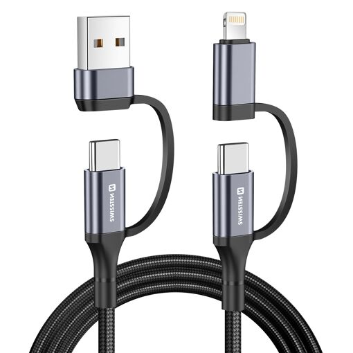 Câble Swissten 4 en 1 USB-C vers USB-A et Lightning, 60W, 1,5 m, Noir