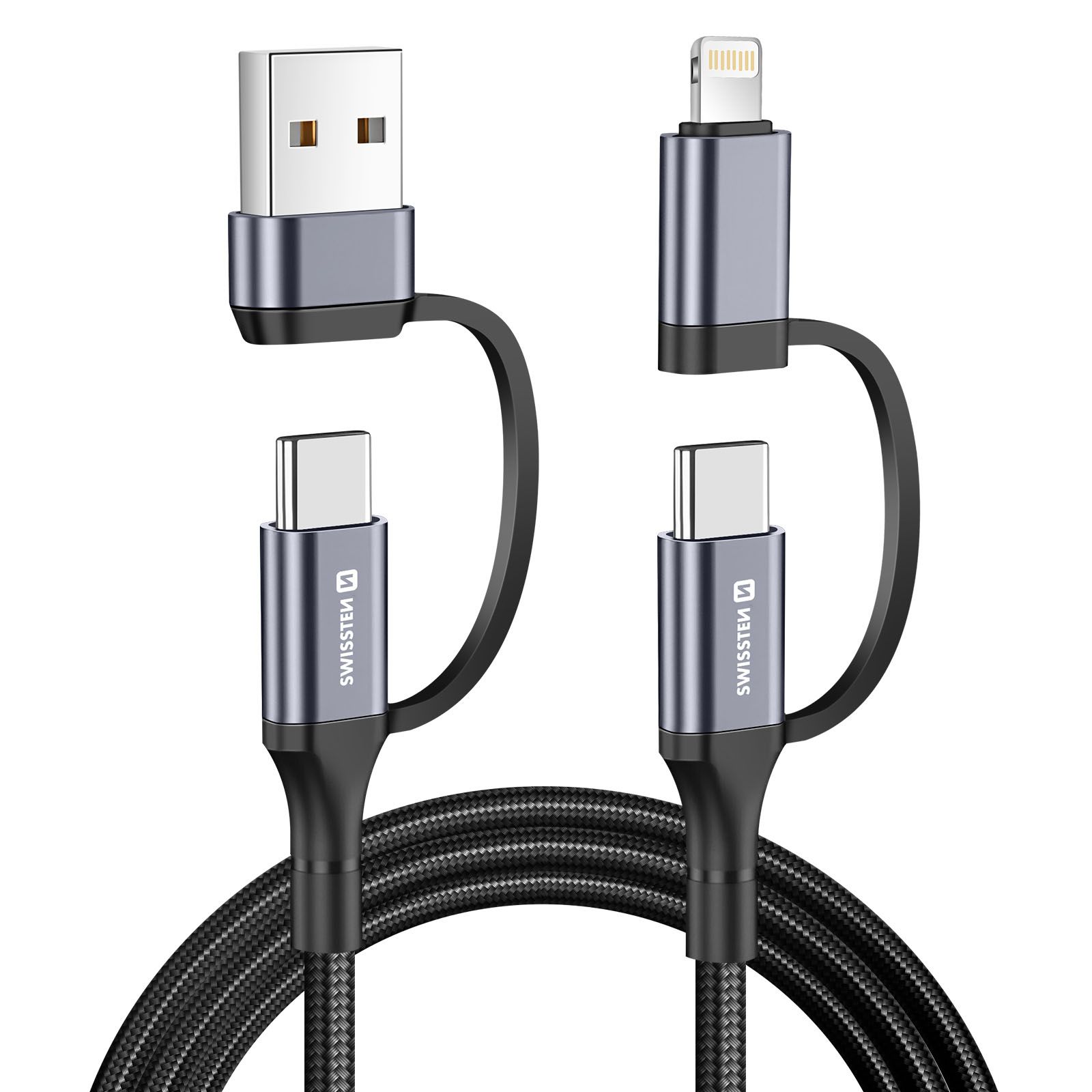 Câble Swissten 4 en 1 USB-C vers USB-A et Lightning, 60W, 1,5 m, Noir