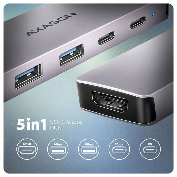 Hub Axagon HMC-5H60 5 en 1, USB-C 5 Gbps, 2 x USB-A, 1 x USB-C, HDMI 4K/60 Hz, PD 100 W, câble USB-C de 15 cm
