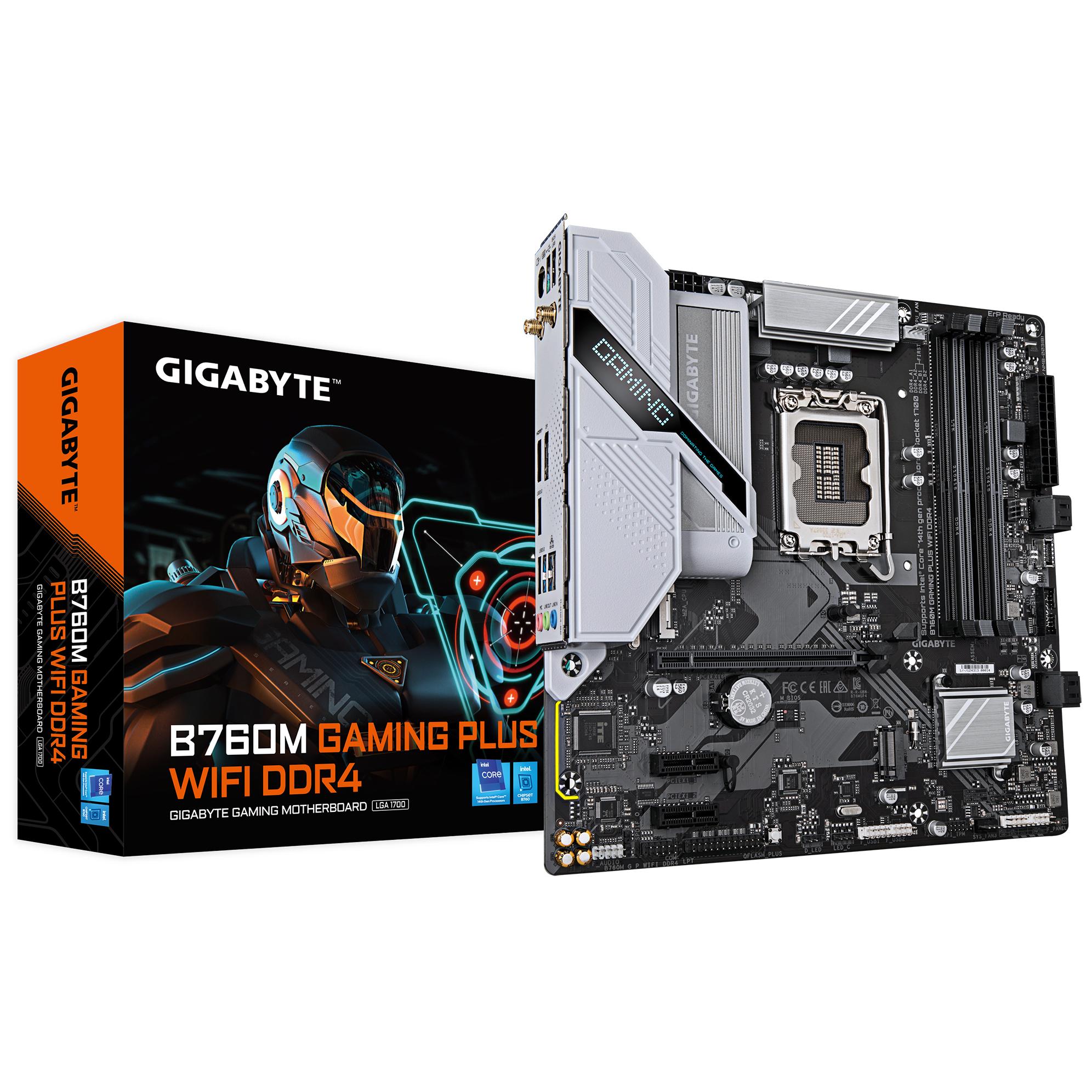 Tarjeta madre Gigabyte B760M Gaming Plus Wi-Fi DDR4 - Compatible con procesadores Intel Core de 14ª generación, VRM 4+1+1 fases, hasta 5333 MHz DDR4 (OC), 2x PCIe 4.0 M.2, Wi-Fi 6, LAN 1 GbE, USB 3.2 Gen 1