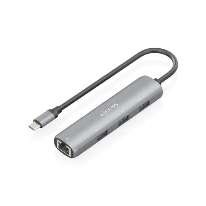 AISENS 4-in-1 USB-C Hub - 3x USB-A, RJ45, 15cm - Gray - USB3.1 Gen1