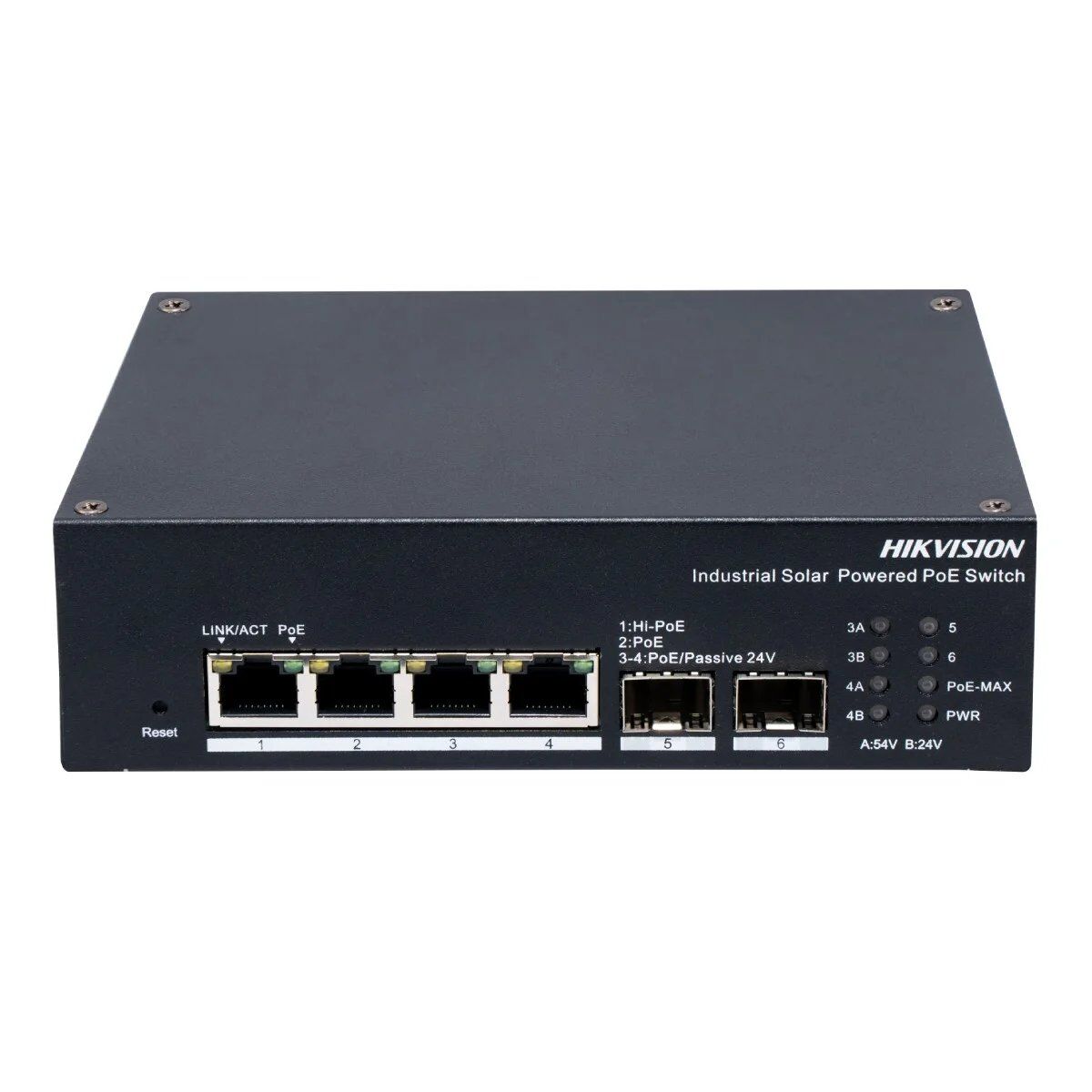 Conmutador industrial Hikvision Nube Capa 2, 4 puertos Gigabit PoE+ y 2 puertos SFP Gigabit, gris