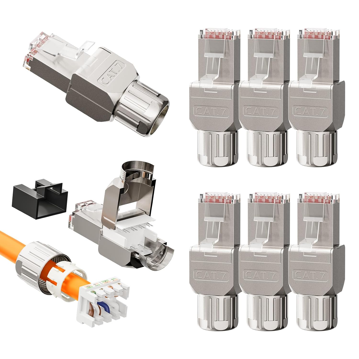 Kit de 8 Conectores RJ45 sin Herramienta, Cat7/Cat6A para Instalación Fácil, 10 Gbps, 600 MHz, Compatibles con Cables 22-24 AWG