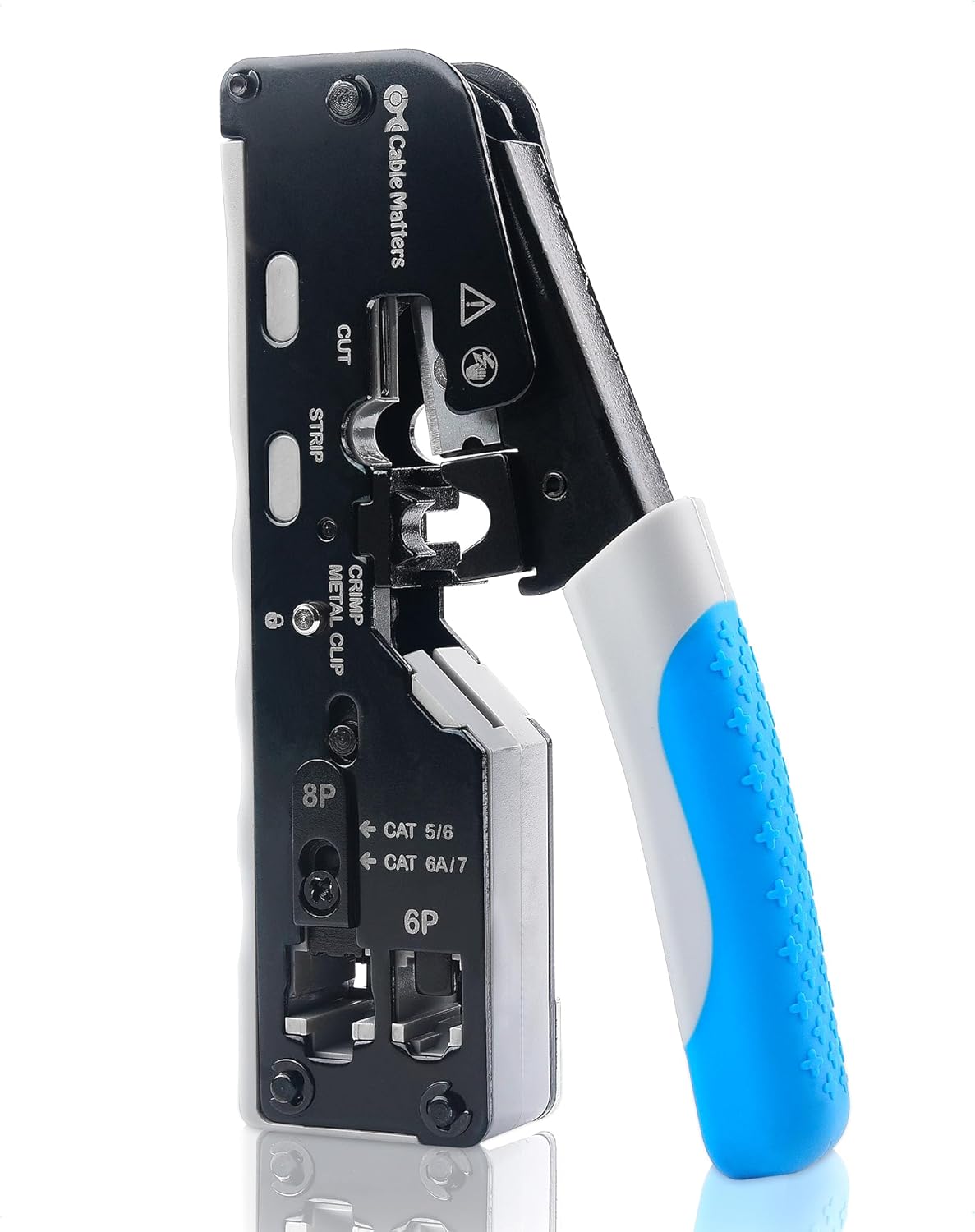 Pince à sertir RJ45 Synergia Serenity pour connecteurs blindés traversants (pass-through) - Cat8, Cat5/Cat6/Cat6A/Cat7, couper/dénuder/sertir, RJ11/RJ12/RJ45