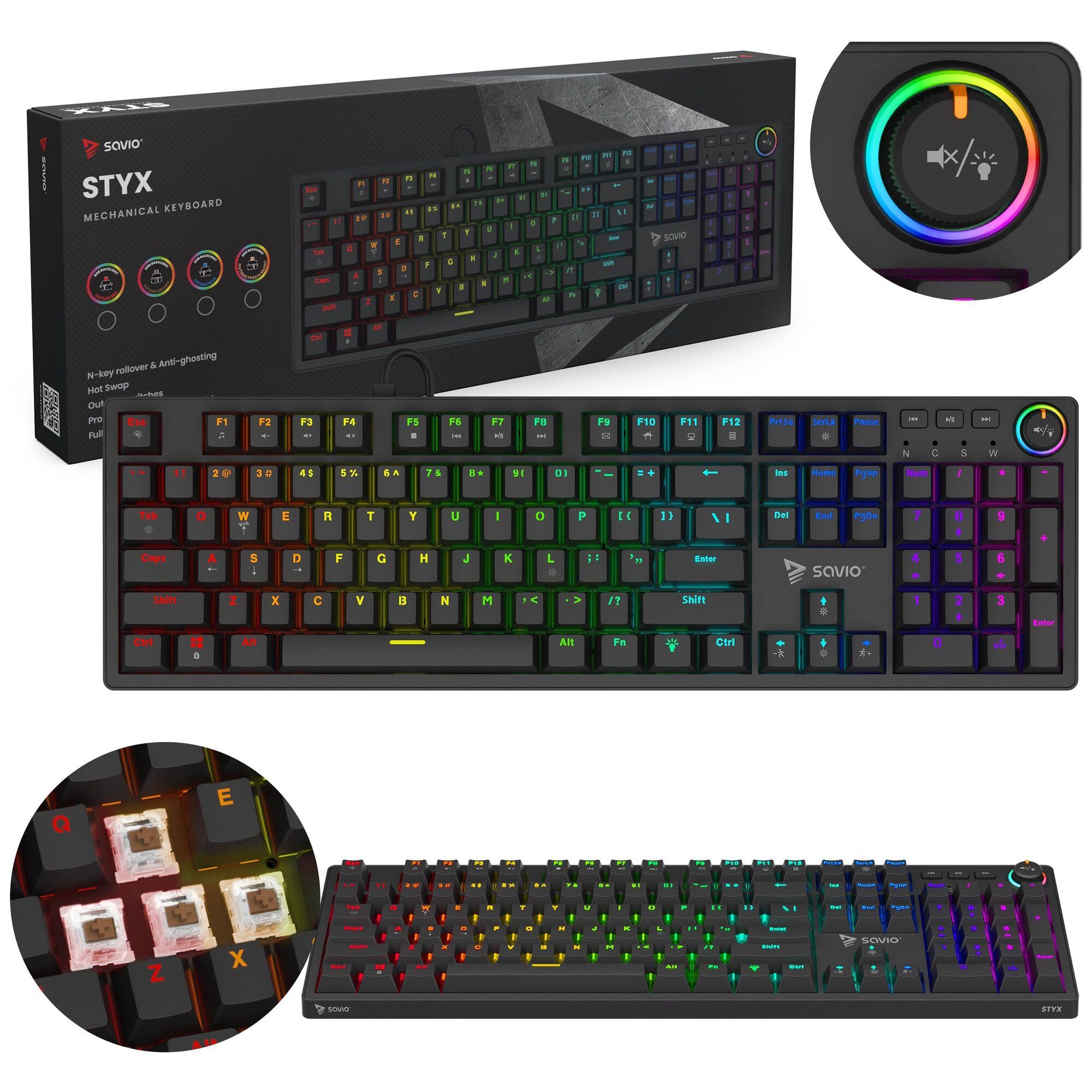 Savio STYX Outemu Brown Mechanical Gaming Keyboard, USB QZERTY US International, Black