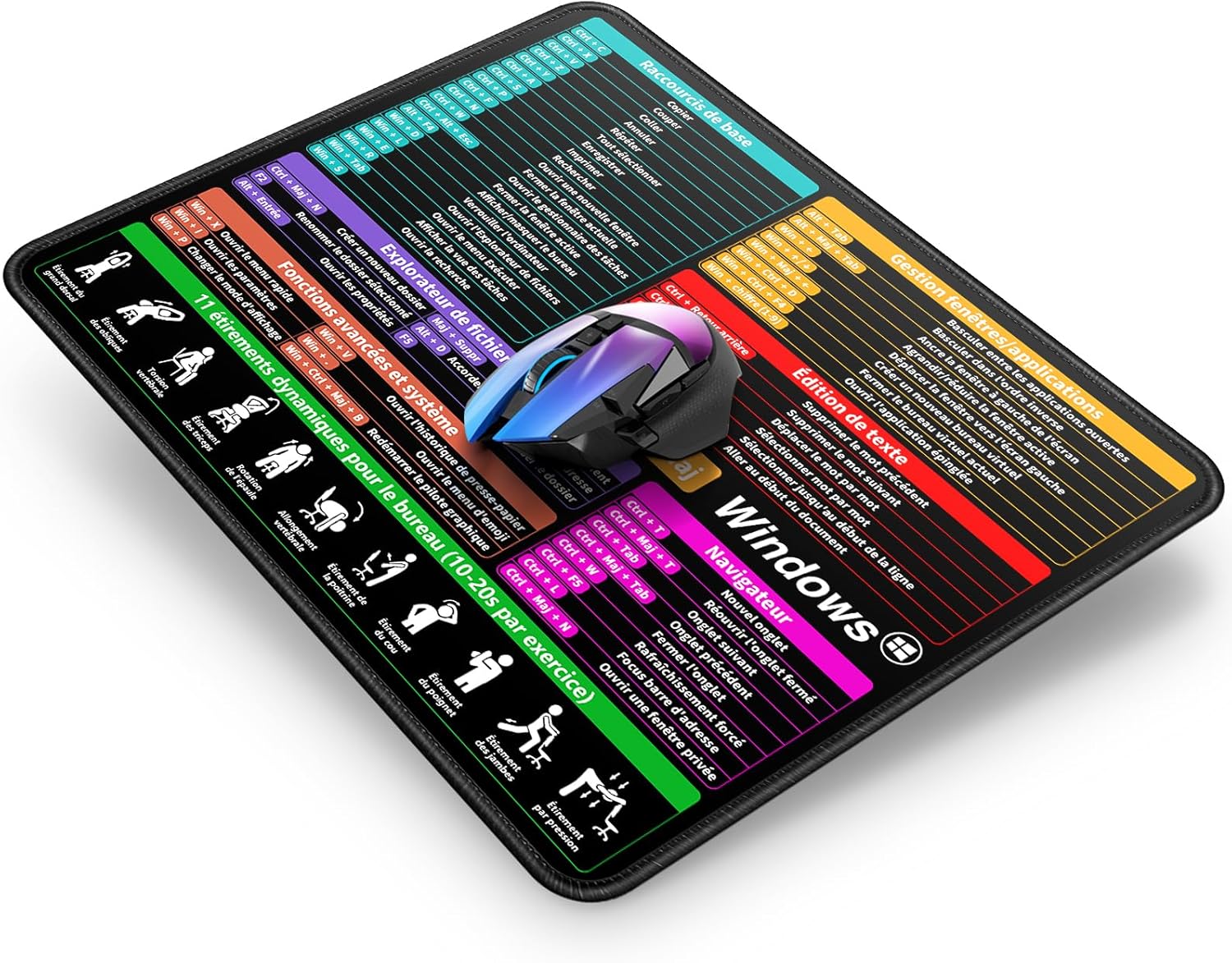KALANKA Mouse Pad - 12 x 10 x 0.12 inches, French Keyboard Shortcuts for Windows, Rubber Base, Easy Glide, Durable, Portable