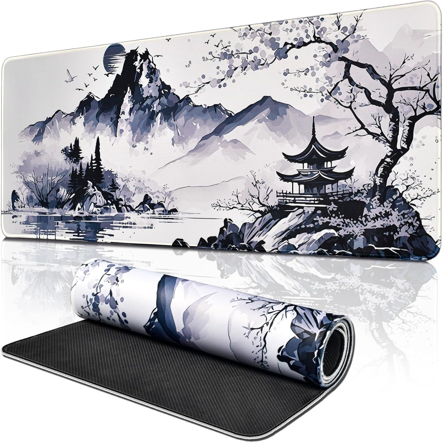 Almohadilla para ratón de juego KALANKA XXL, 800 x 300 x 3 mm, diseño de tinta y lavado, antiadherente, para portátil con bordes reforzados
