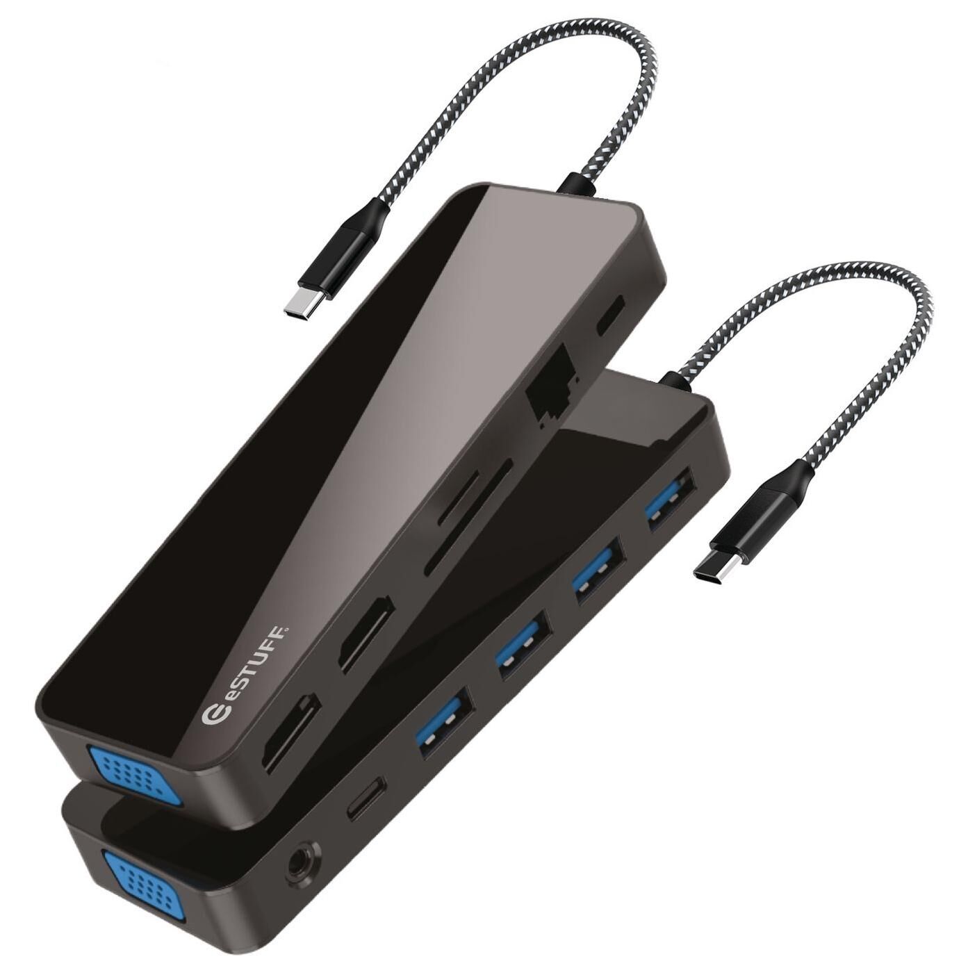 eSTUFF Power Station, 100W USB Power Delivery, 3.5mm Headphone Jack, 1000Mbps Ethernet, Black