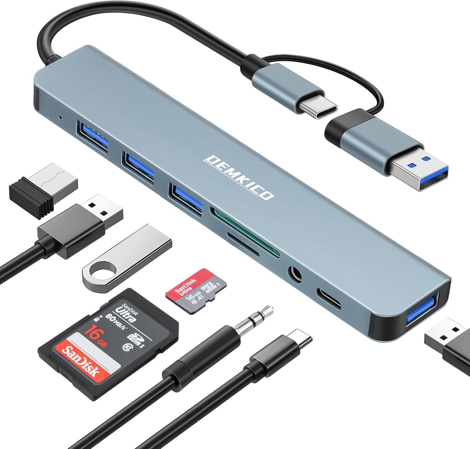 Hub USB C 8 en 1 SubZonal con 4 puertos, lector de tarjetas SD/TF, jack de auriculares de 3,5 mm, puerto USB-C (Gris)
