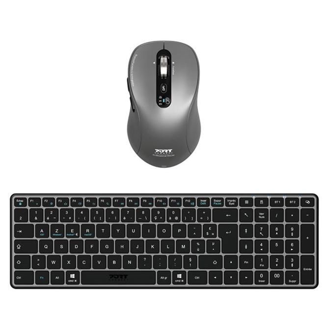 PORT Connect Expert Pack - Wireless Keyboard and Mouse Set - Rechargeable - Compact - 2.4GHz, Bluetooth 5.0 LE - AZERTY