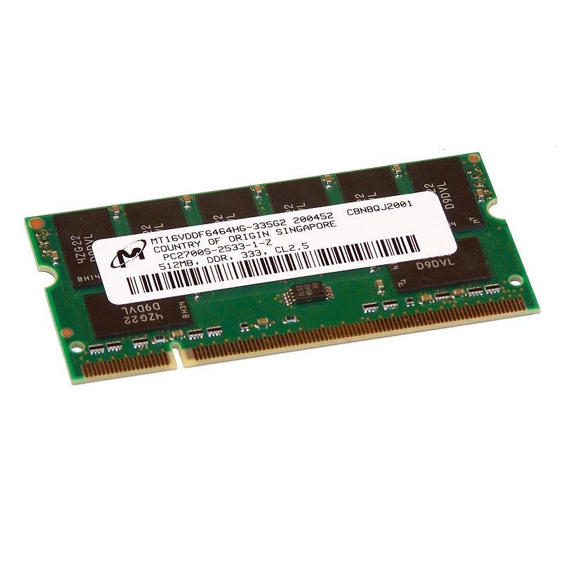 Micron 512MB DDR1 SODIMM Memory Module (MT16VDDF6464HG-335G2, PC-2700, 333MHz)