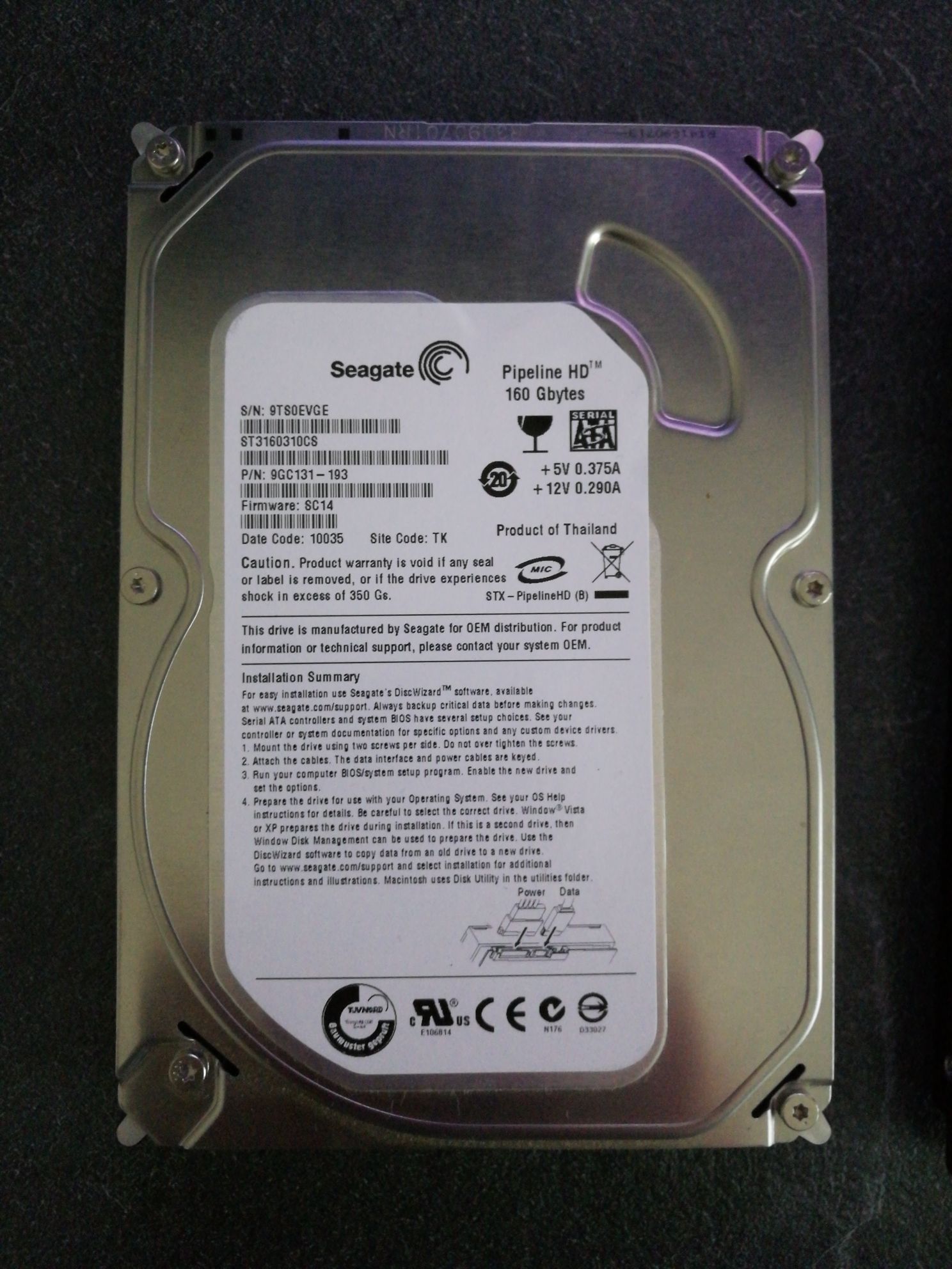 Seagate Pipeline 160GB Internal Hard Drive