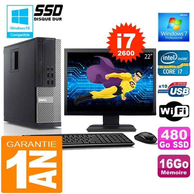 Dell 990 SFF Core i7-2600 16GB RAM 480GB SSD WiFi Windows 7 22" Screen