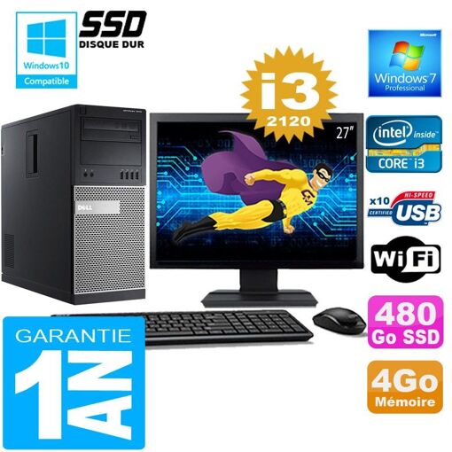 Dell 7010 MT Tower PC - Intel Core i3-2120, 4GB RAM, 480GB SSD, WiFi, Windows 7 Pro, 27" Screen