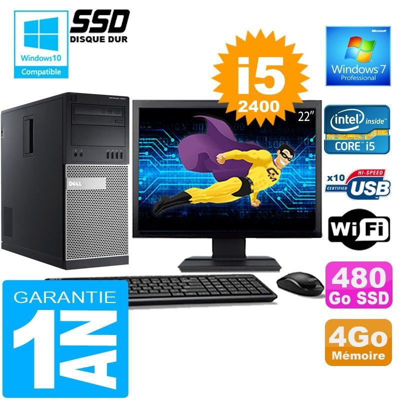 Dell 7010 MT Desktop - Intel Core i5-2400, 4GB RAM, 480GB SSD, WiFi, Windows 7 Pro, 22" Screen