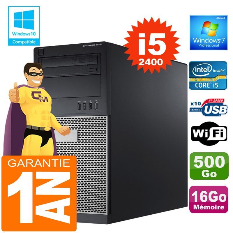 Dell 7010 MT Desktop - Intel Core i5-2400, 16GB RAM, 500GB HDD, DVD Burner, WiFi, Windows 7 Pro