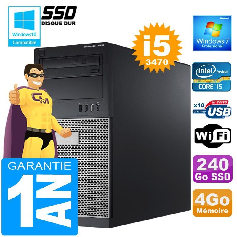Dell 7010 MT Desktop PC - Core i5-3470, 4GB RAM, 240GB SSD, DVD Burner, WiFi, Windows 7 Pro