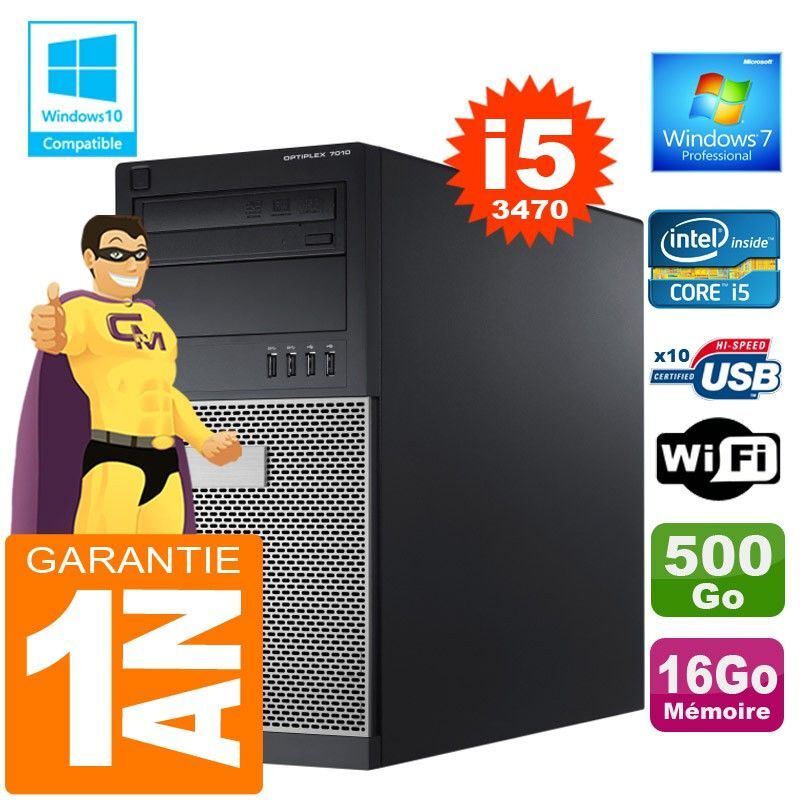 Dell 7010 MT (Tower) Core i5-3470, 16GB RAM, 500GB HDD, DVD Drive, Wi-Fi, Windows 7 Pro