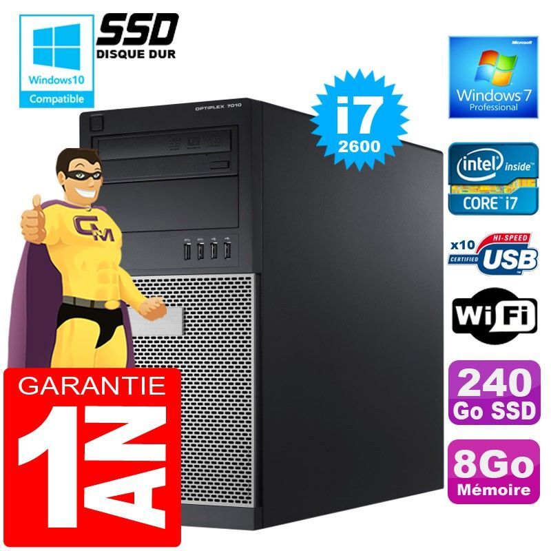 Dell 7010 Tower - Intel Core i7-2600, 8GB RAM, 240GB SSD, DVD Drive, WiFi, Windows 7 Pro