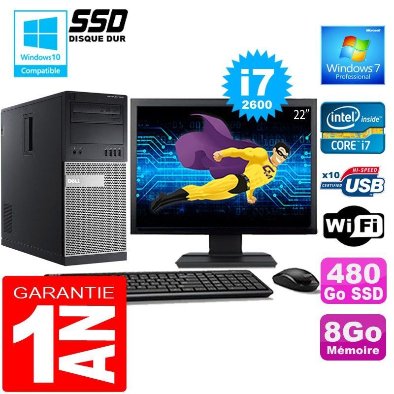 Dell 7010 MT Desktop PC - Core i7-2600, 8GB RAM, 480GB SSD, WiFi, Windows 7 Pro