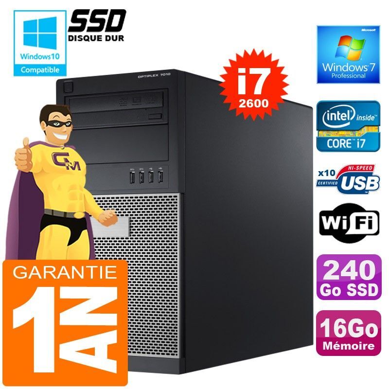 Dell 7010 MT Tower PC - Intel Core i7-2600, 16GB RAM, 240GB SSD, DVD Burner, Windows 7 Pro
