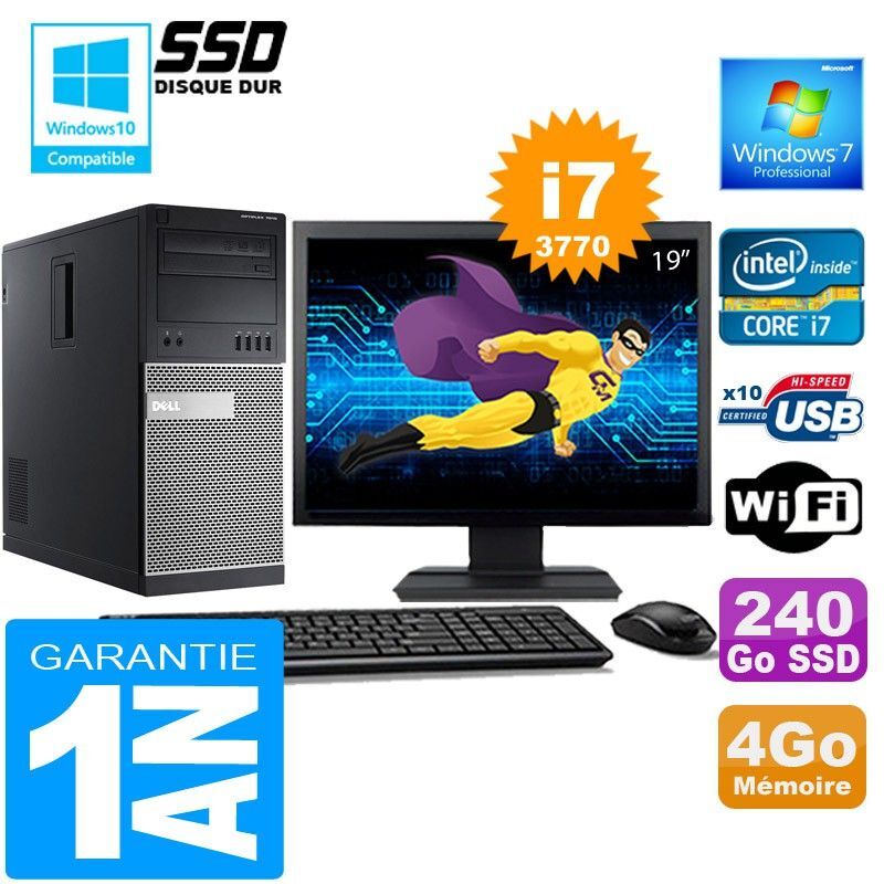 Dell 7010 Tower PC - Core i7-3770, 4GB RAM, 240GB SSD, WiFi, Windows 7 Pro, 19" Screen