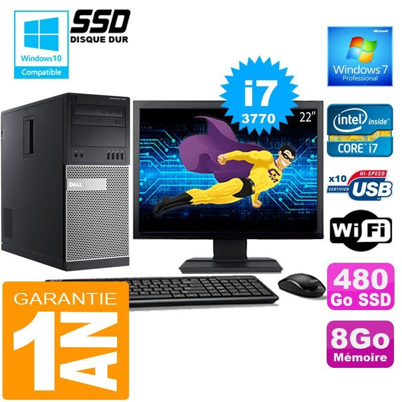 Ordinateur de bureau Dell 7010 MT - Intel Core i7-3770, 8 Go de RAM, 480 Go SSD, Wi-Fi, Windows 7 Pro, écran 22"