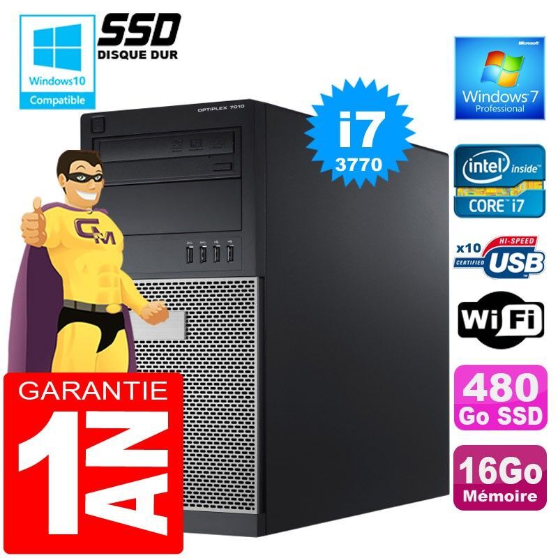 Dell 7010 MT Tower PC - Intel Core i7-3770, 16GB RAM, 480GB SSD, DVD Burner, Windows 7 Pro