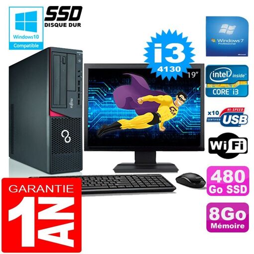 Ordinateur de bureau Fujitsu Esprimo E720 E85+ (Forme Petite) - Processeur Intel Core i3-4130, 8 Go de RAM, 480 Go SSD, Wi-Fi, Windows 7 Professionnel