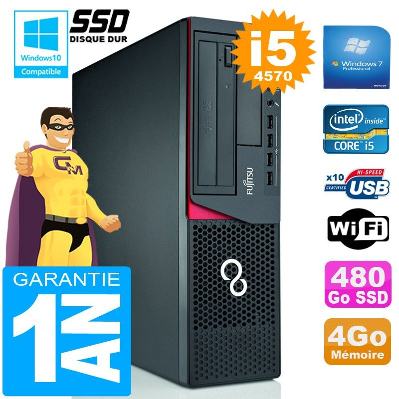 Ordinateur de bureau Fujitsu Esprimo E720 E85+ (Small Form Factor) Intel® Core™ i5-4570, 3.2 GHz, 4 Go DDR3, 480 Go SSD, Wi-Fi, Windows 7 Professionnel