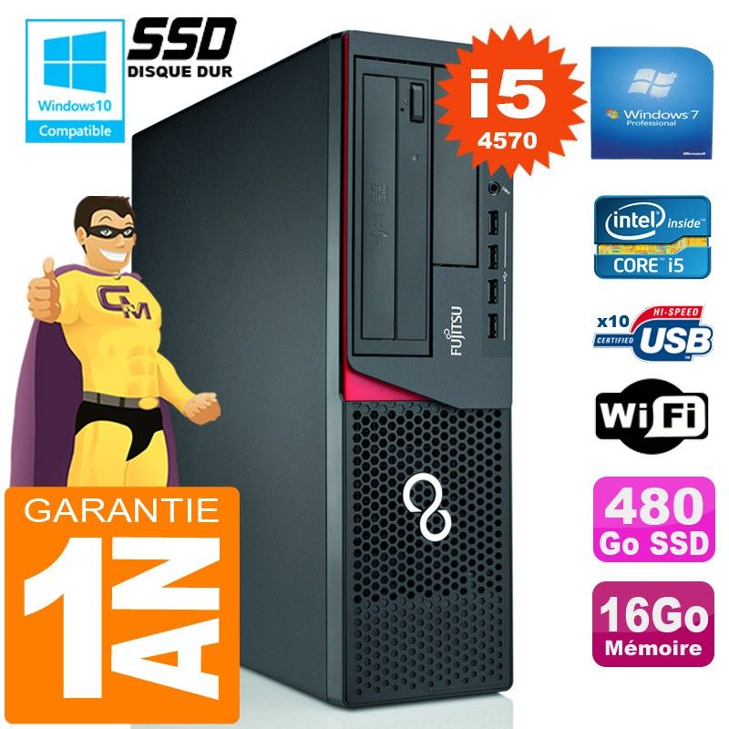 Ordinateur de bureau Fujitsu Esprimo E720 E85+ (Forme compacte) - Processeur Intel Core i5-4570, 16 Go de RAM, 480 Go SSD, Wi-Fi, Windows 7 Professionnel