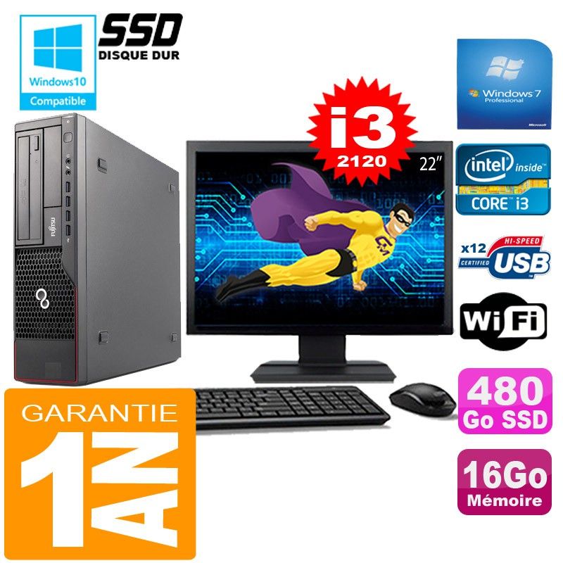 Fujitsu Esprimo E700 E90+ SFF I3-2120 16GB 480GB SSD WiFi Windows 7 22" Screen