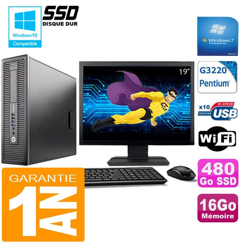 HP EliteDesk 800 G1 SFF Desktop PC - Intel Pentium G3220, 16GB RAM, 480GB SSD, WiFi, Windows 7 Pro