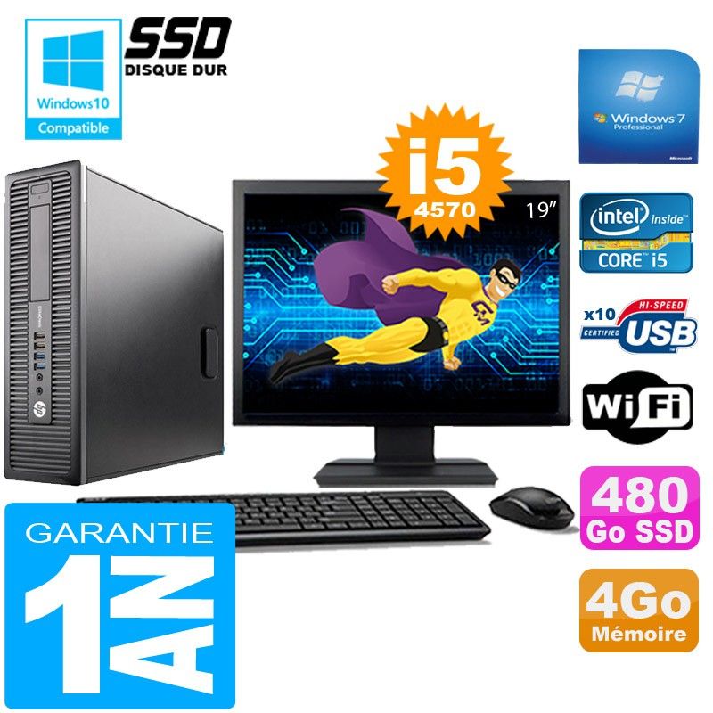 HP EliteDesk 800 G1 SFF Core i5-4570 4GB 480GB SSD WiFi Windows 7 Screen 19