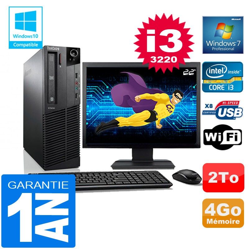 Lenovo M92p SFF Core i3-3220 4GB RAM 2TB HDD WiFi Windows 7 Pro 22" Screen