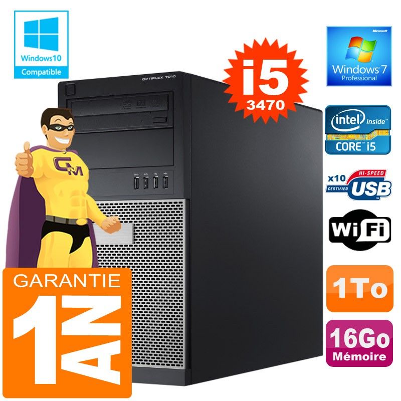 Dell 7010 Tower PC - Intel Core i5-3470, 16GB RAM, 1TB HDD, DVD Burner, WiFi, Windows 7 Pro