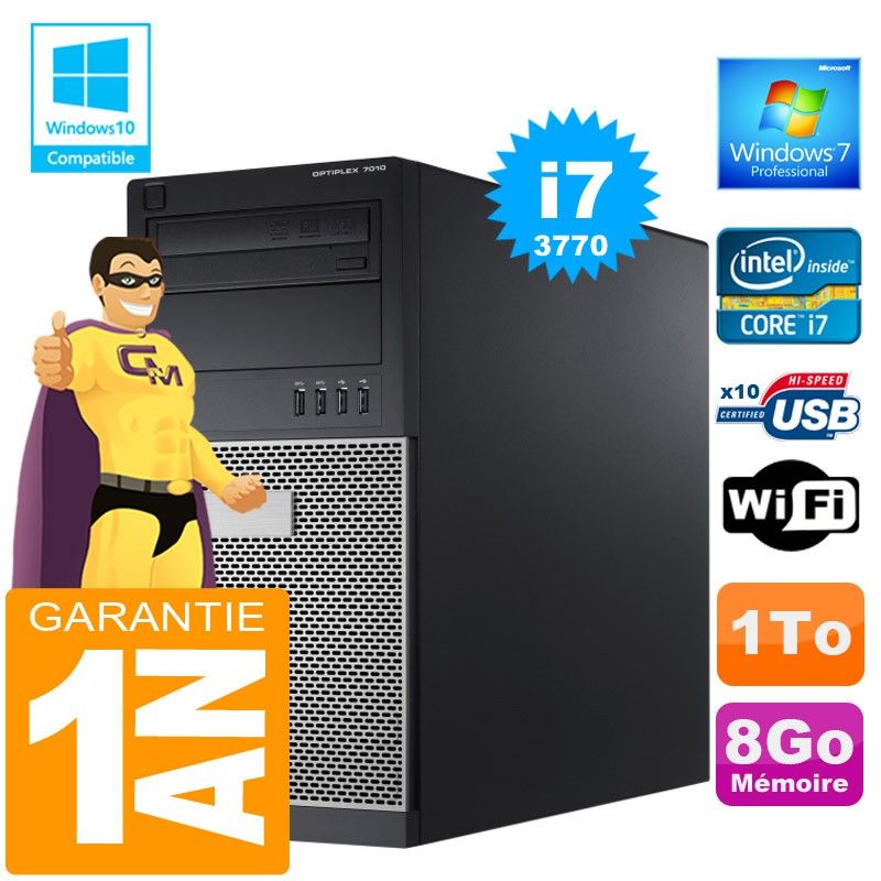 Dell 7010 MT Desktop - Intel Core i7-3770, 8GB RAM, 1TB HDD, DVD Drive, WiFi, Windows 7 Pro