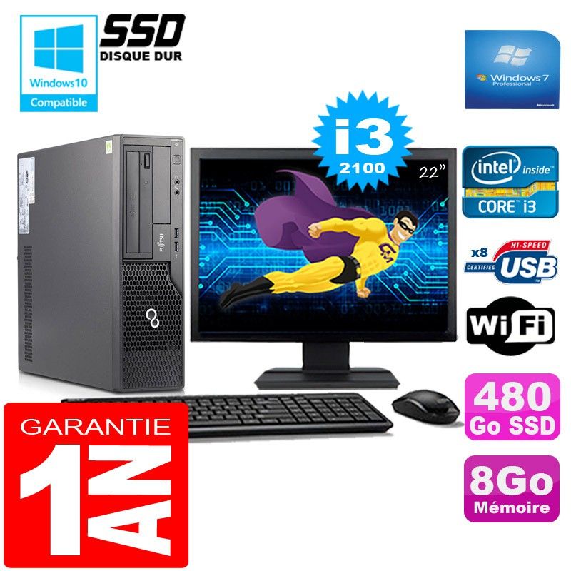 Fujitsu Esprimo E500 E85+ SFF I3-2100 8GB 480GB SSD WiFi Windows 7 22" Screen
