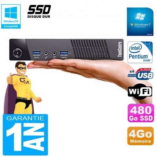 PC Ultrapequeño Lenovo M73 USFF Tiny con procesador Intel Pentium G3250T, 4GB de RAM, disco SSD de 480GB, WiFi y Windows 7 Pro