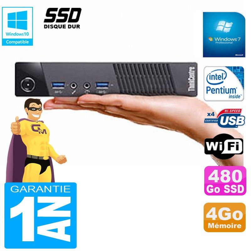 Lenovo M73 USFF Tiny PC - Intel Pentium G3250T, 4GB RAM, 480GB SSD, WiFi, Windows 7 Pro