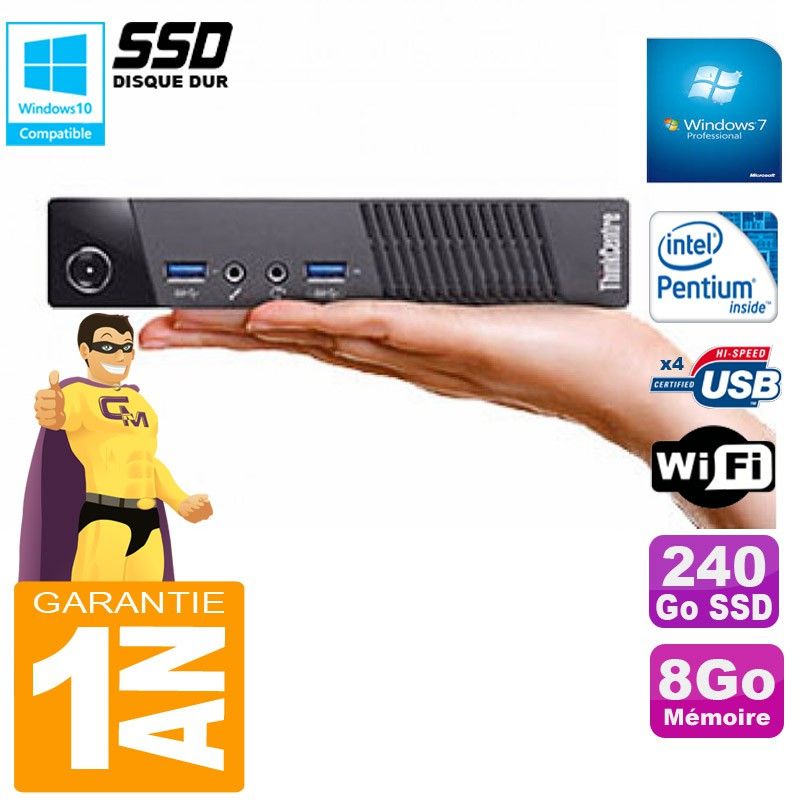 Lenovo M73 USFF Tiny PC - Intel Pentium G3250T, 8GB RAM, 240GB SSD, Wi-Fi, Windows 7 Pro