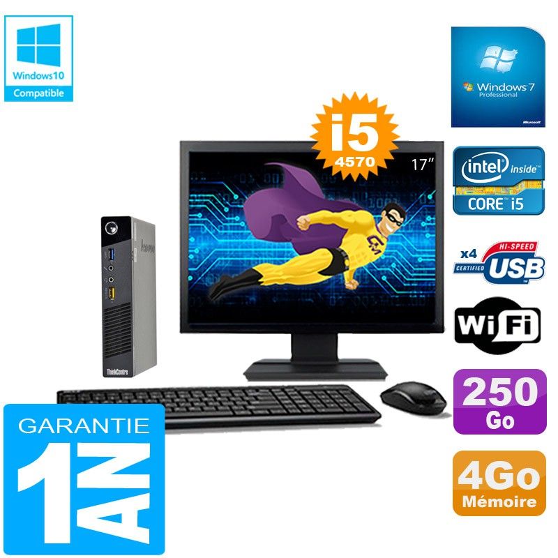 Lenovo M73 USFF Tiny Core i5-4570 4GB 250GB Wi-Fi Windows 7 17" Screen Mini PC