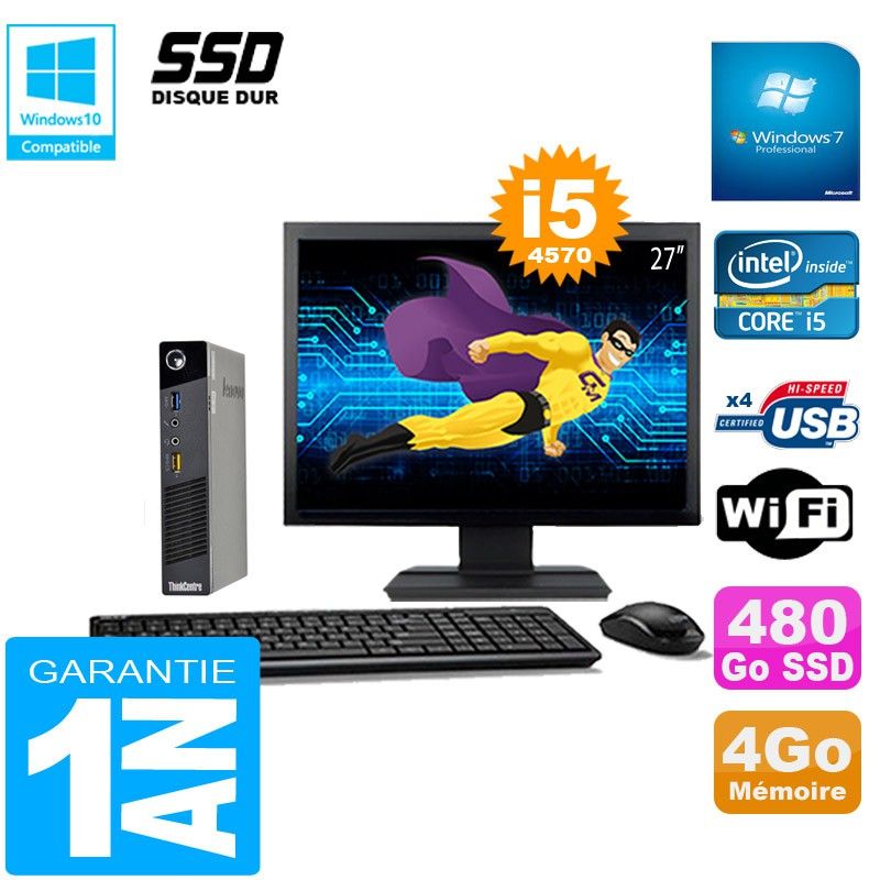 Lenovo M73 USFF Ultra Mini PC - Core i5-4570, 4GB RAM, 480GB SSD, WiFi, Windows 7 Pro