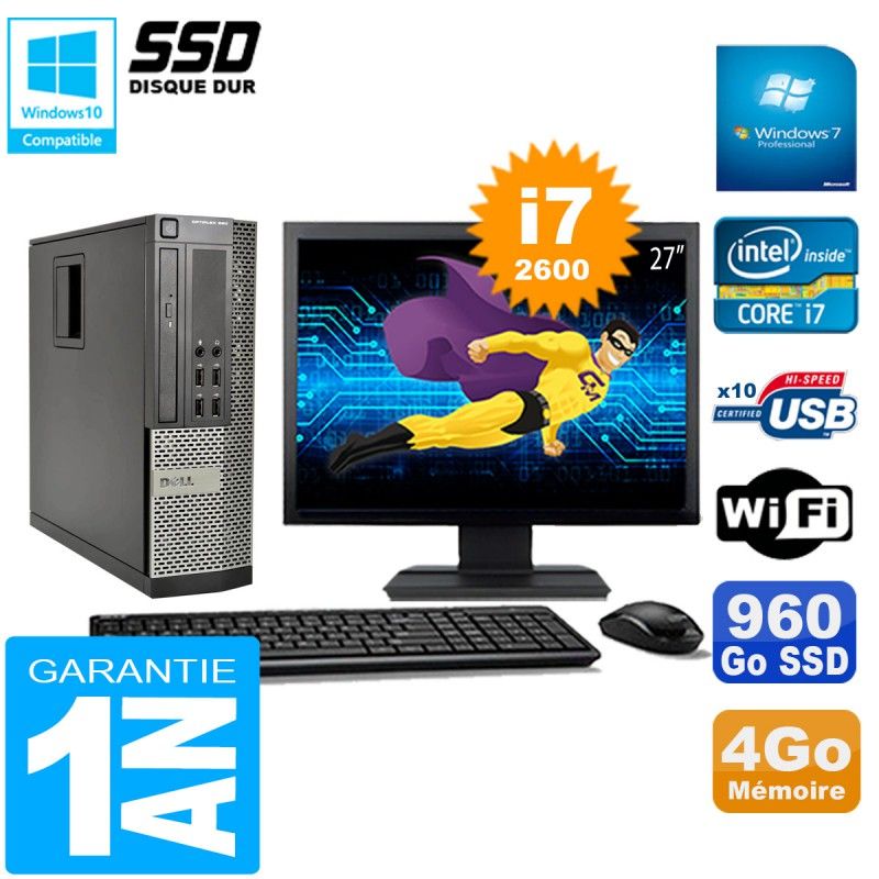 Dell Optiplex 990 SFF Core i7-2600 4GB RAM 960GB SSD DVD Burner Wifi Windows 7 Pro 27" Monitor