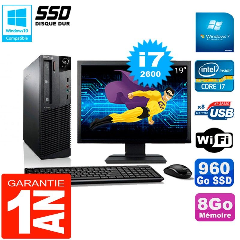 Lenovo M92p SFF Desktop Computer - 19" Screen, Intel Core i7-2600, 8GB RAM, 960GB SSD, WiFi, Windows 7 Pro
