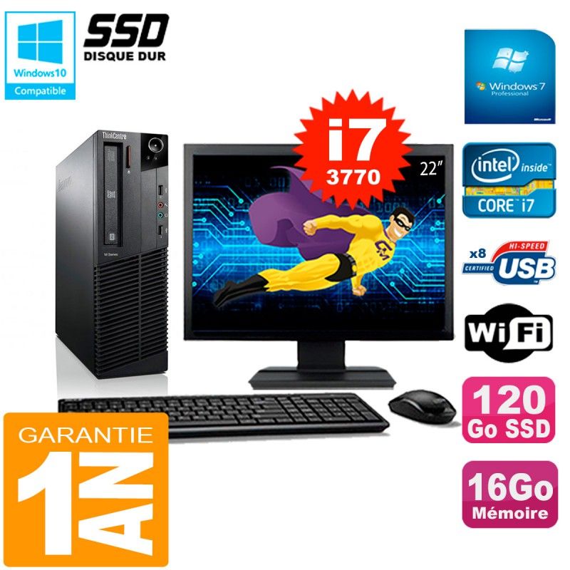 Lenovo M92p SFF Desktop Computer - 22" Screen, Intel Core i7-3770, 16GB RAM, 120GB SSD, WiFi, Windows 7 Pro