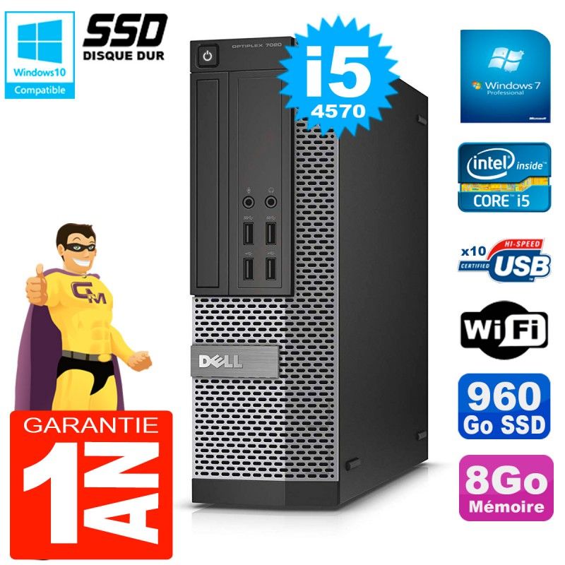 Dell Optiplex 7020 SFF Computer - Core i5-4570, 8GB RAM, 960GB SSD, DVD Drive, WiFi, Windows 7 Pro