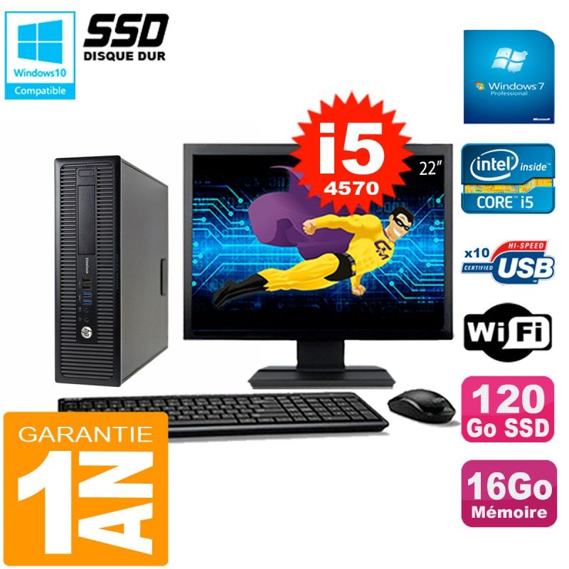 HP EliteDesk 800 G1 SFF Desktop PC - 22" Screen, Core i5-4570, 16GB RAM, 120GB SSD, WiFi, Windows 7 Pro