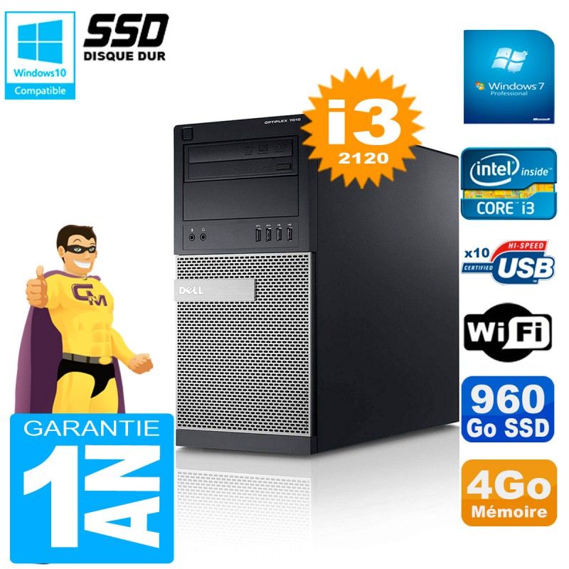 Dell Optiplex 7010 MT Tower - Intel Core i3-2120, 4GB RAM, 960GB SSD, WiFi, Windows 7 Pro