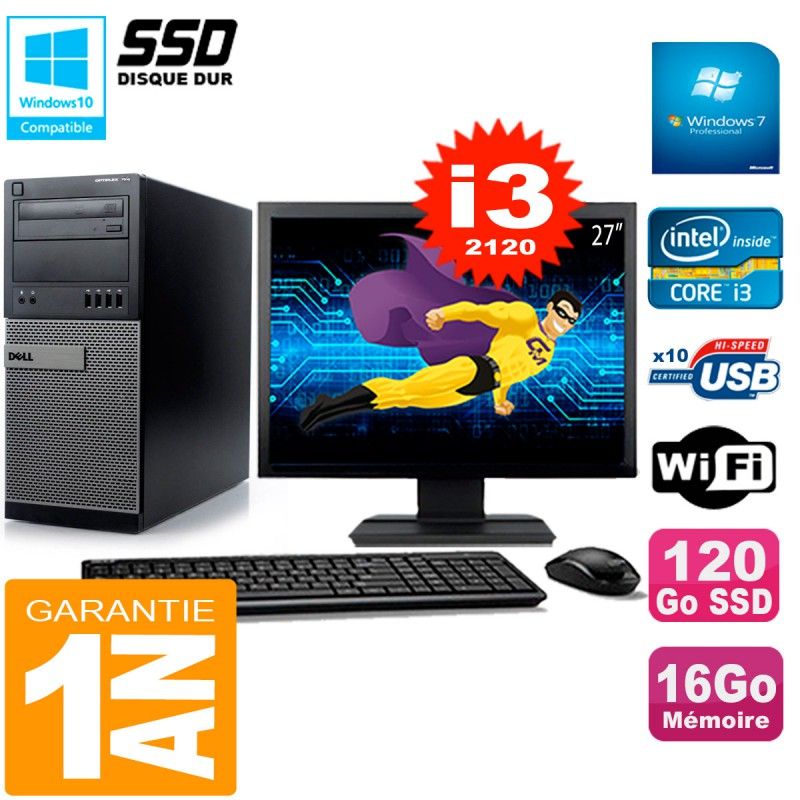 Dell Optiplex 7010 MT Desktop - 27" Screen, Intel Core i3-2120, 16GB RAM, 120GB SSD, WiFi, Windows 7 Pro
